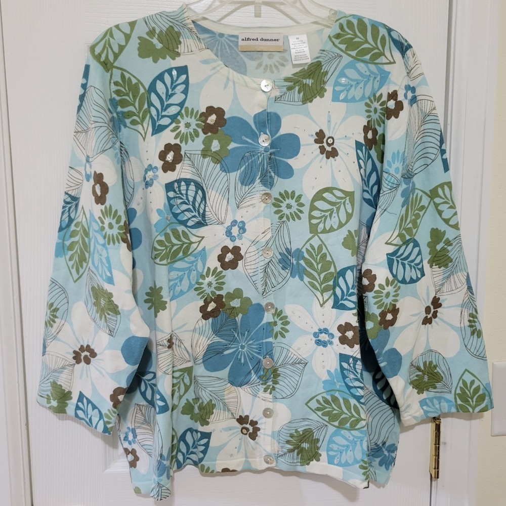 Alfred Dunner Woman Floral Sequin Cardigan Light Blue Green 3X Button Front Top